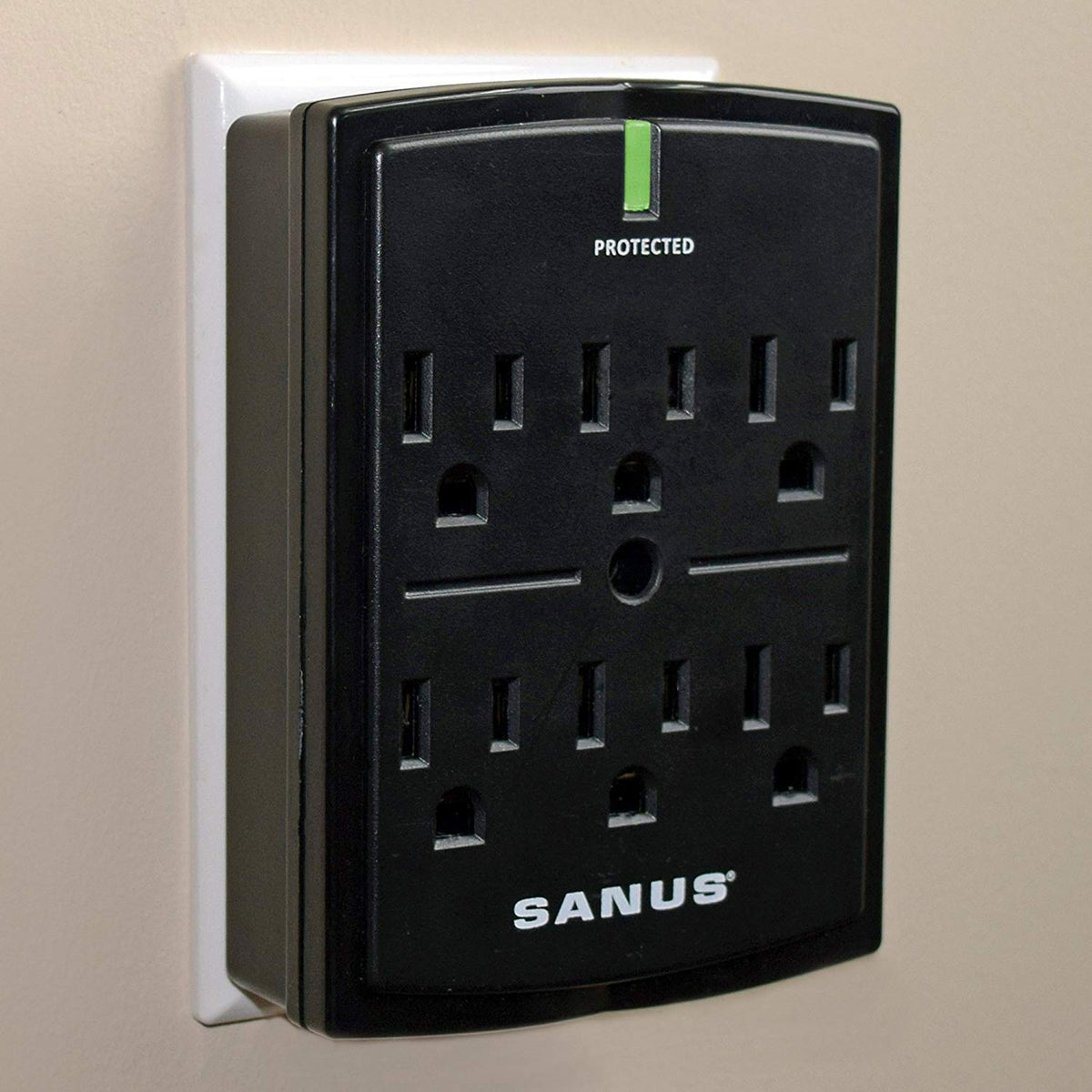 SANUS on-wall low profile 1080J surge protector with six outlets for home theater setups.