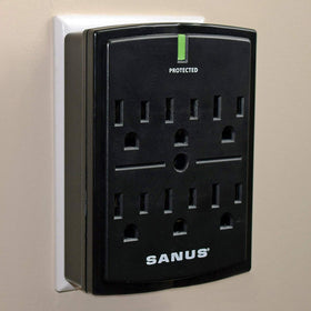 SANUS on-wall low profile 1080J surge protector with six outlets for home theater setups.