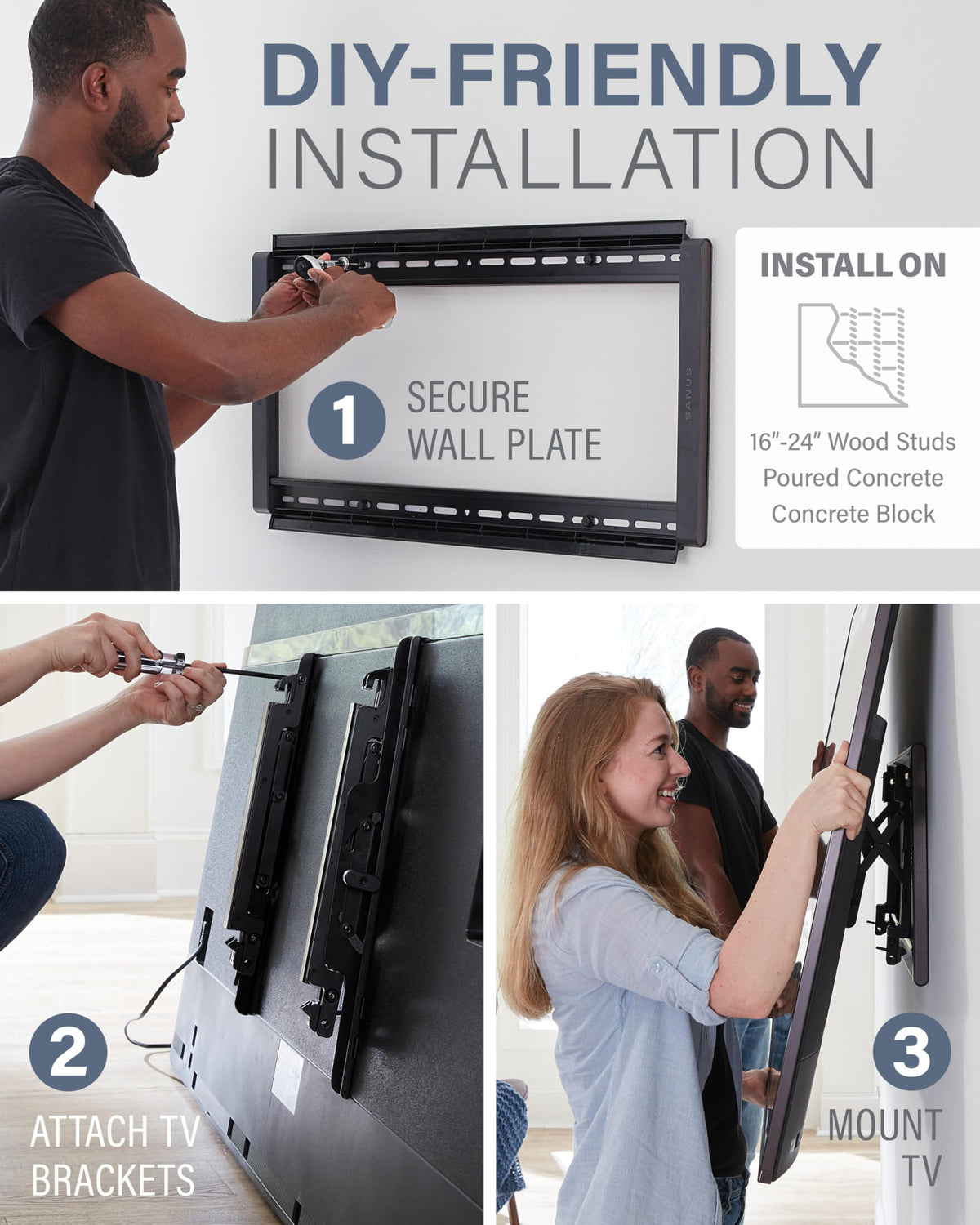SANUS post-install height and level adjustment for precise alignment