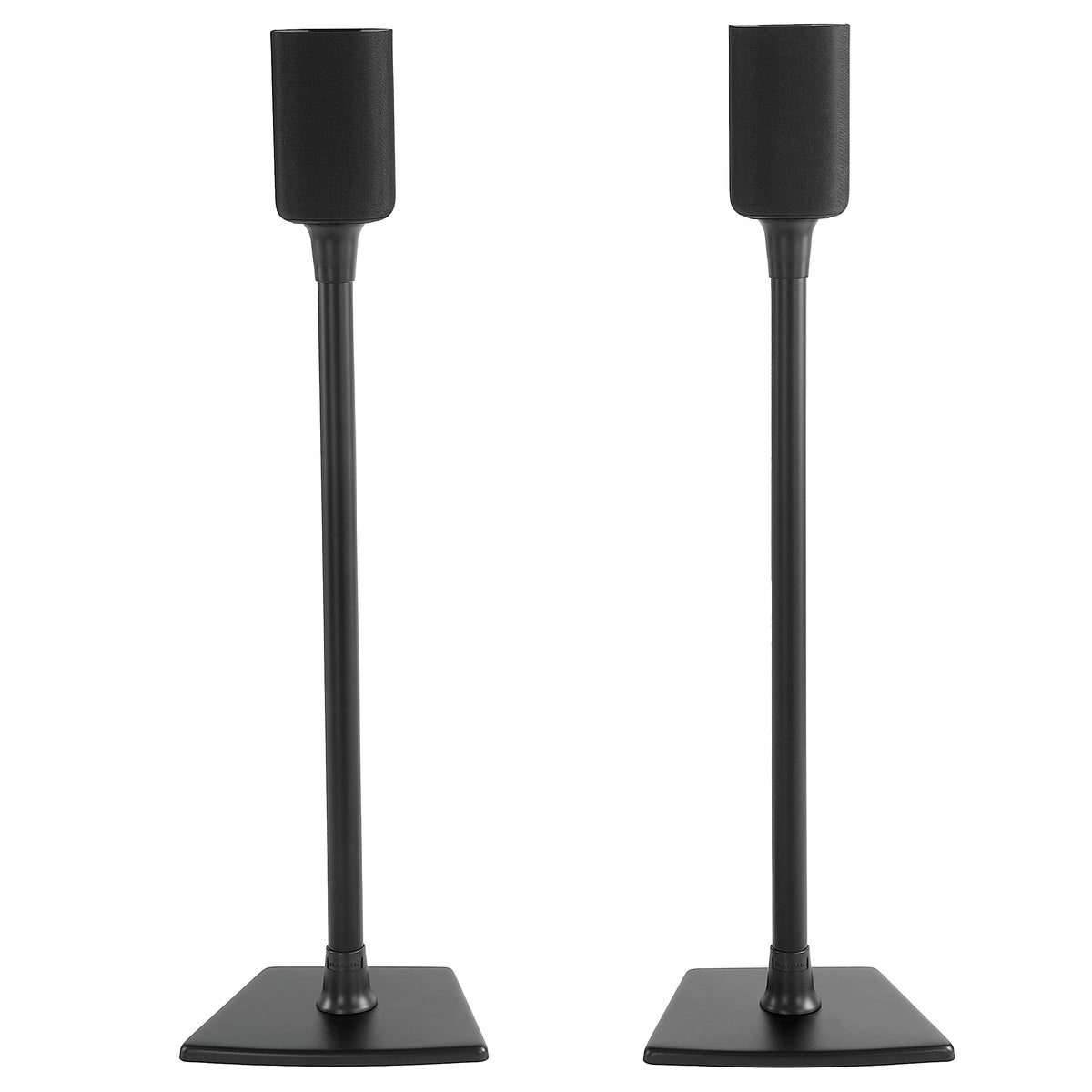 SANUS front view of speaker stands showing sleek matte black finish and stability