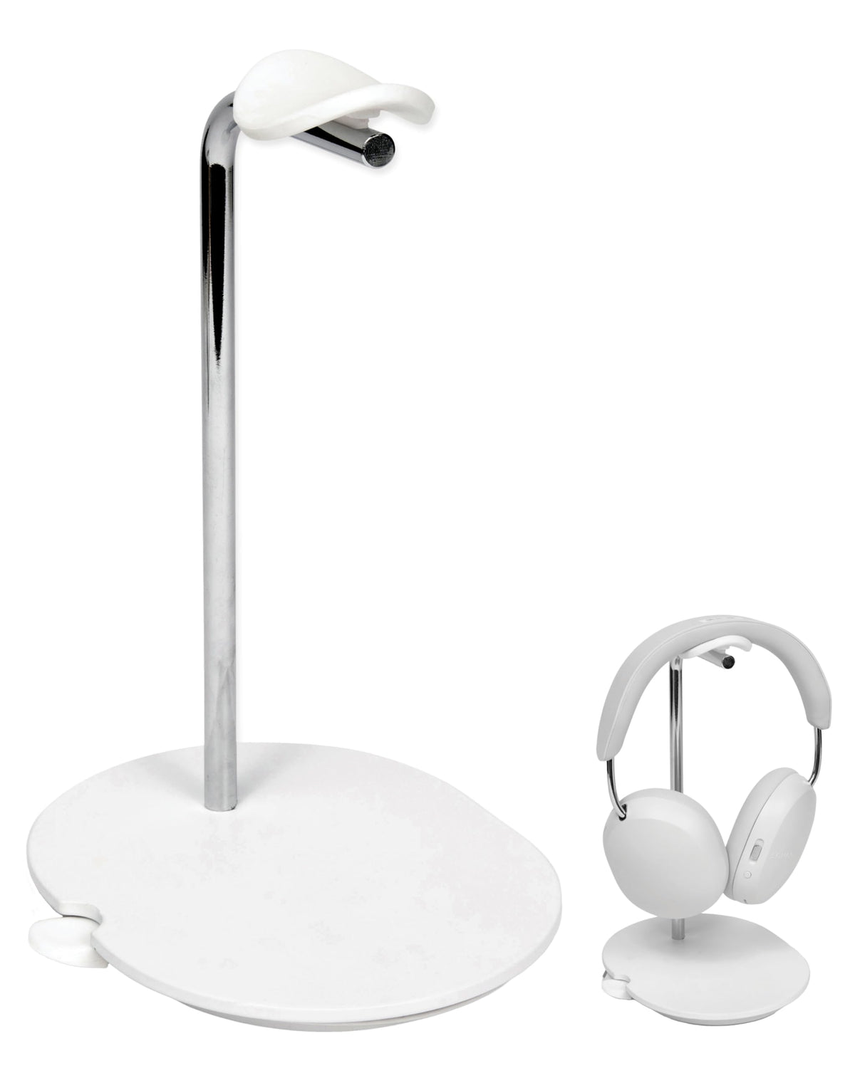 Sanus front view of stand showing sleek white aluminum and stable base for neat storage