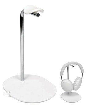 Sanus front view of stand showing sleek white aluminum and stable base for neat storage