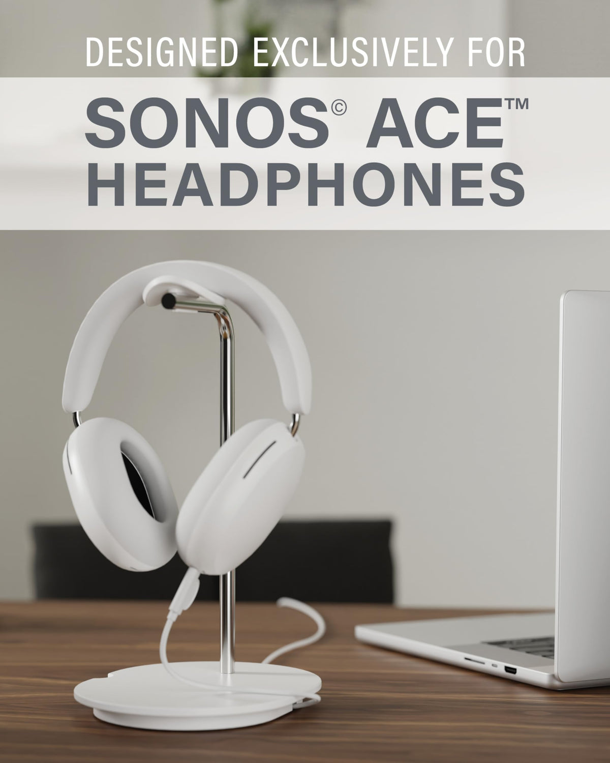 Sanus close-up of silicone cradle protecting Sonos Ace headband from creasing and scratches