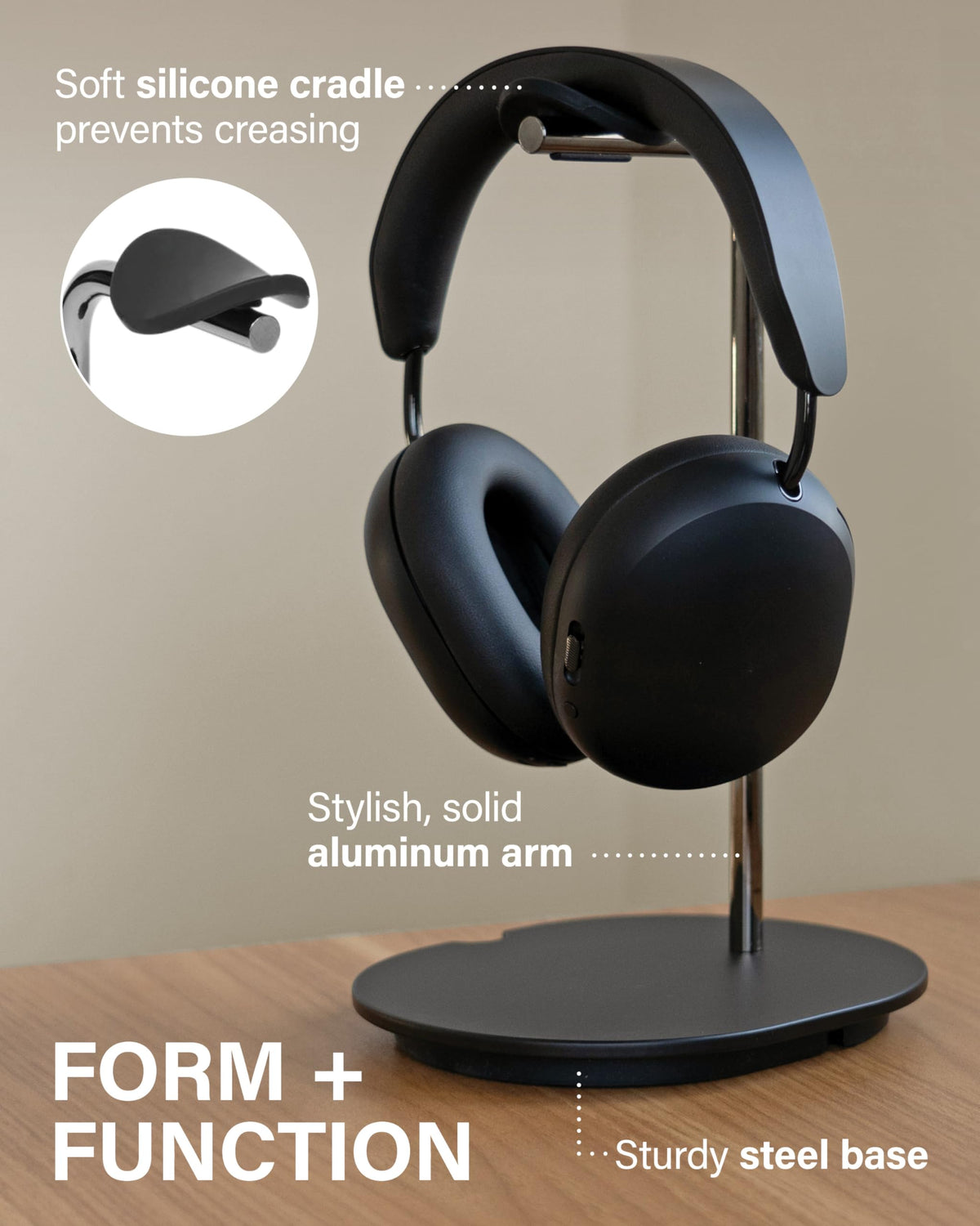 Sanus stand holding Sonos Ace headphones demonstrating safe storage