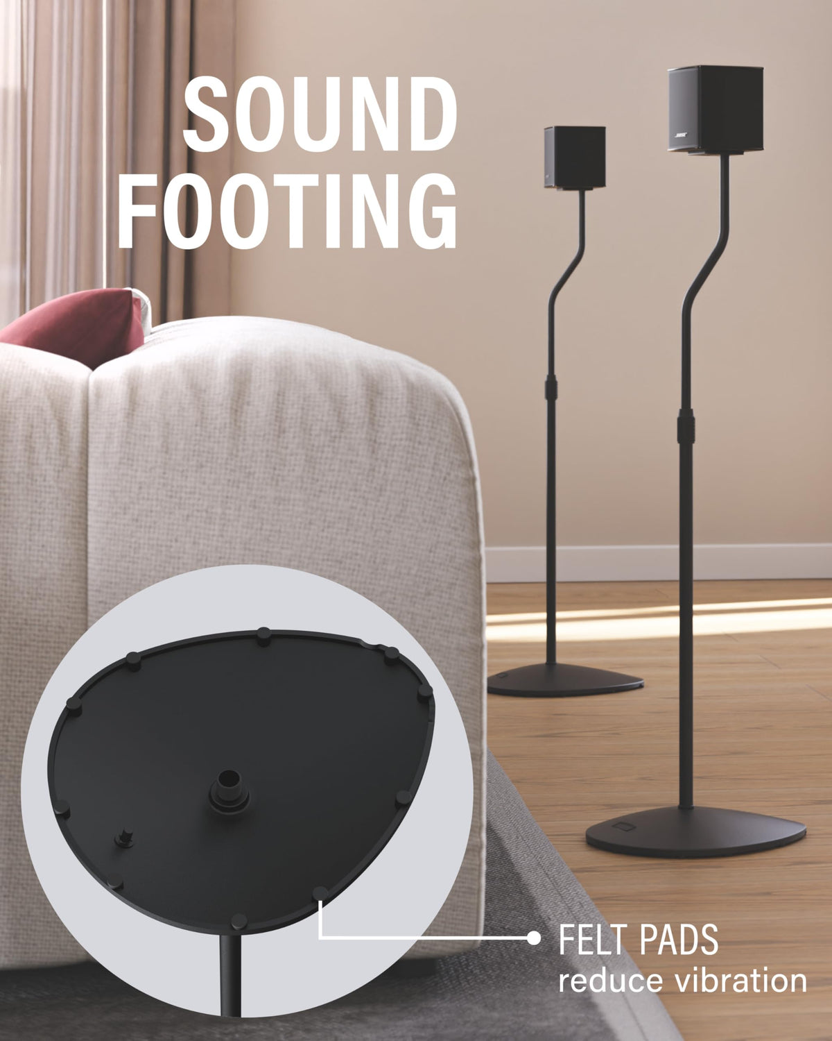 SANUS stands in a living room demonstrating improved speaker positioning