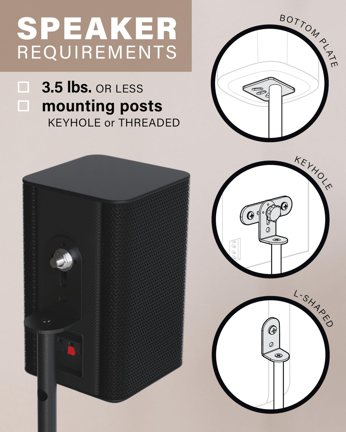 SANUS L-shaped bracket holding a satellite speaker securely for compatibility