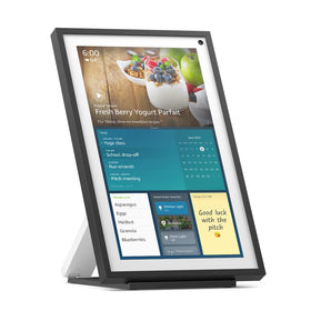 Sanus tilt stand holding Echo Show 15 on a kitchen counter for easy viewing benefit