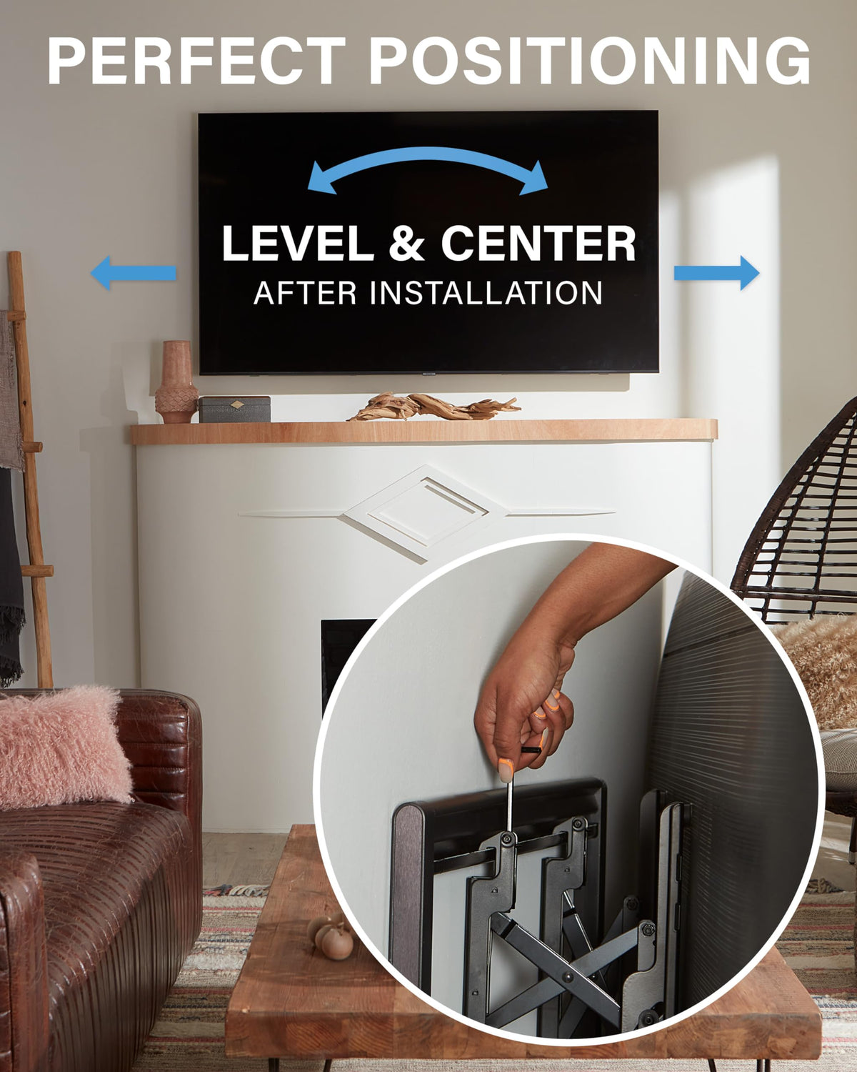 Open wall plate design simplifies cable routing behind the TV.