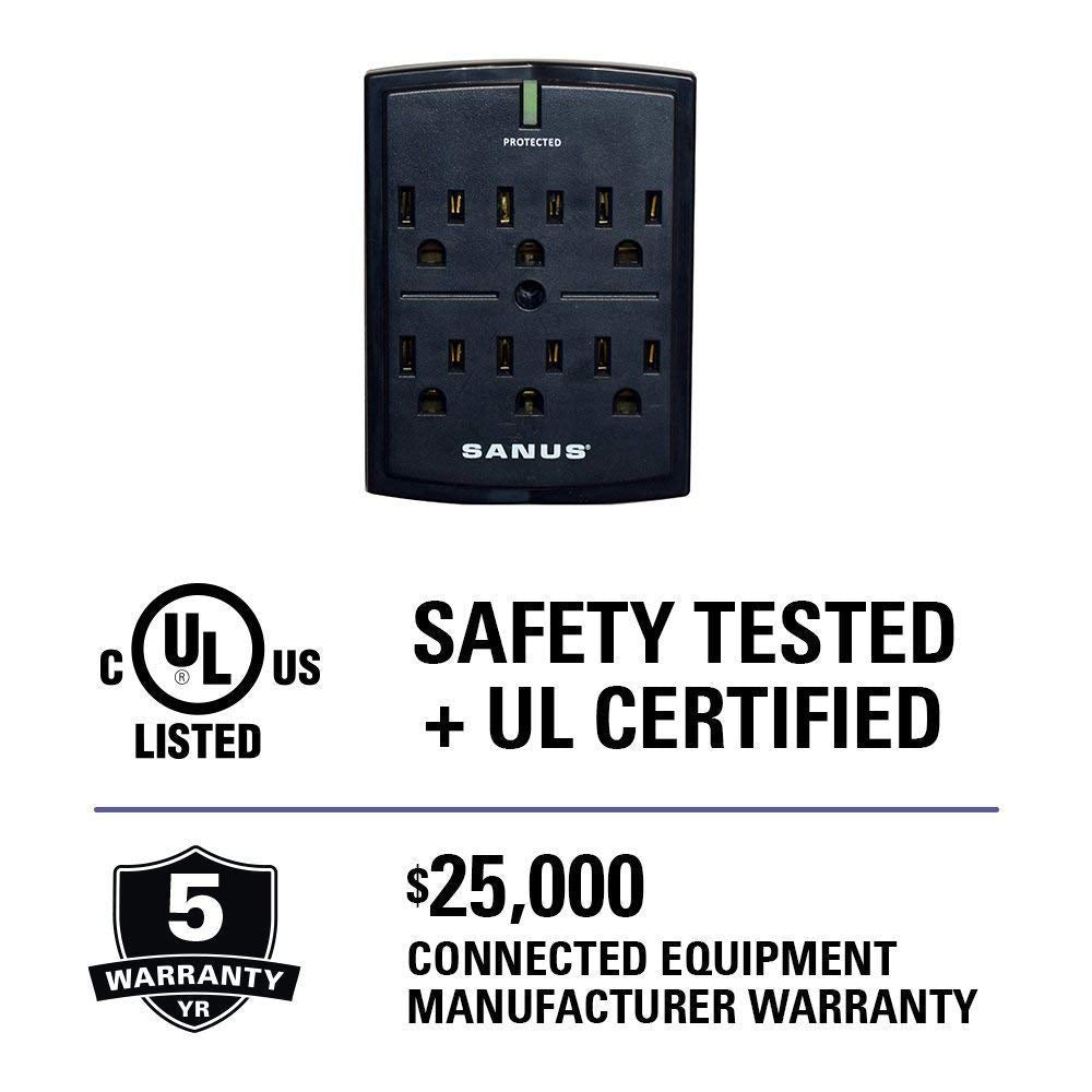 SANUS UL safety certified surge protector offers added peace of mind.