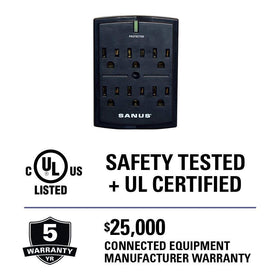 SANUS UL safety certified surge protector offers added peace of mind.