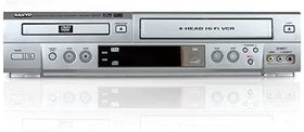 Sanyo VHS/DVD combo renewed front view, enabling versatile playback of tapes, discs and more.