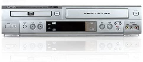 Sanyo VHS/DVD combo renewed front view, enabling versatile playback of tapes, discs and more.