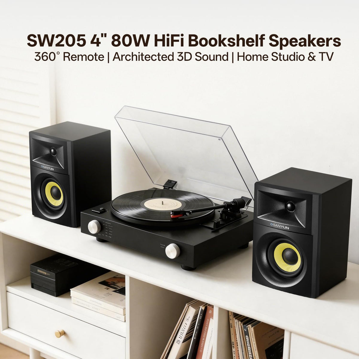 Sanyun SW205 close-up of 4-inch glass fiber woofer for tight, low-distortion bass