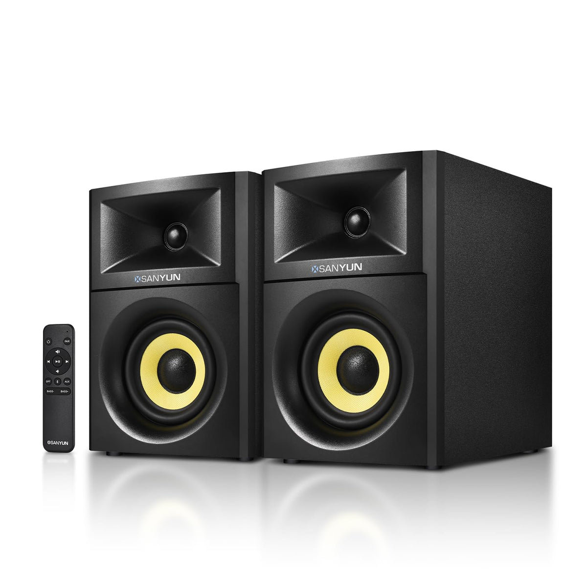 Sanyun SW205 front view showing compact speakers and balanced stereo imaging benefit