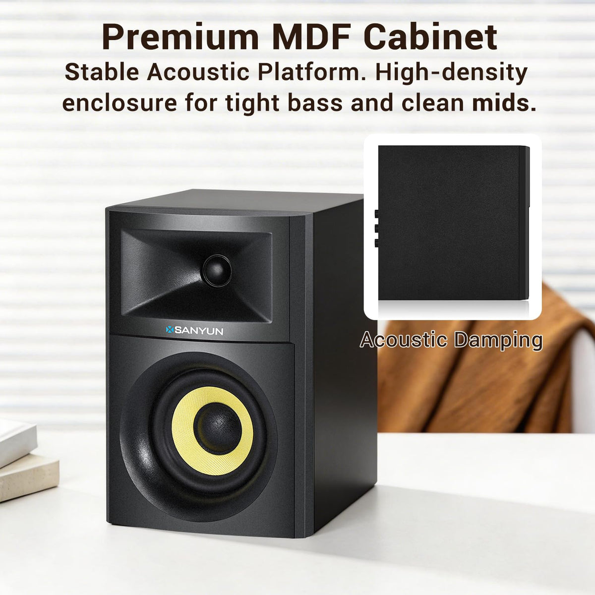 Sanyun SW205 placed in living room showing immersive 3D soundstage for entertainment
