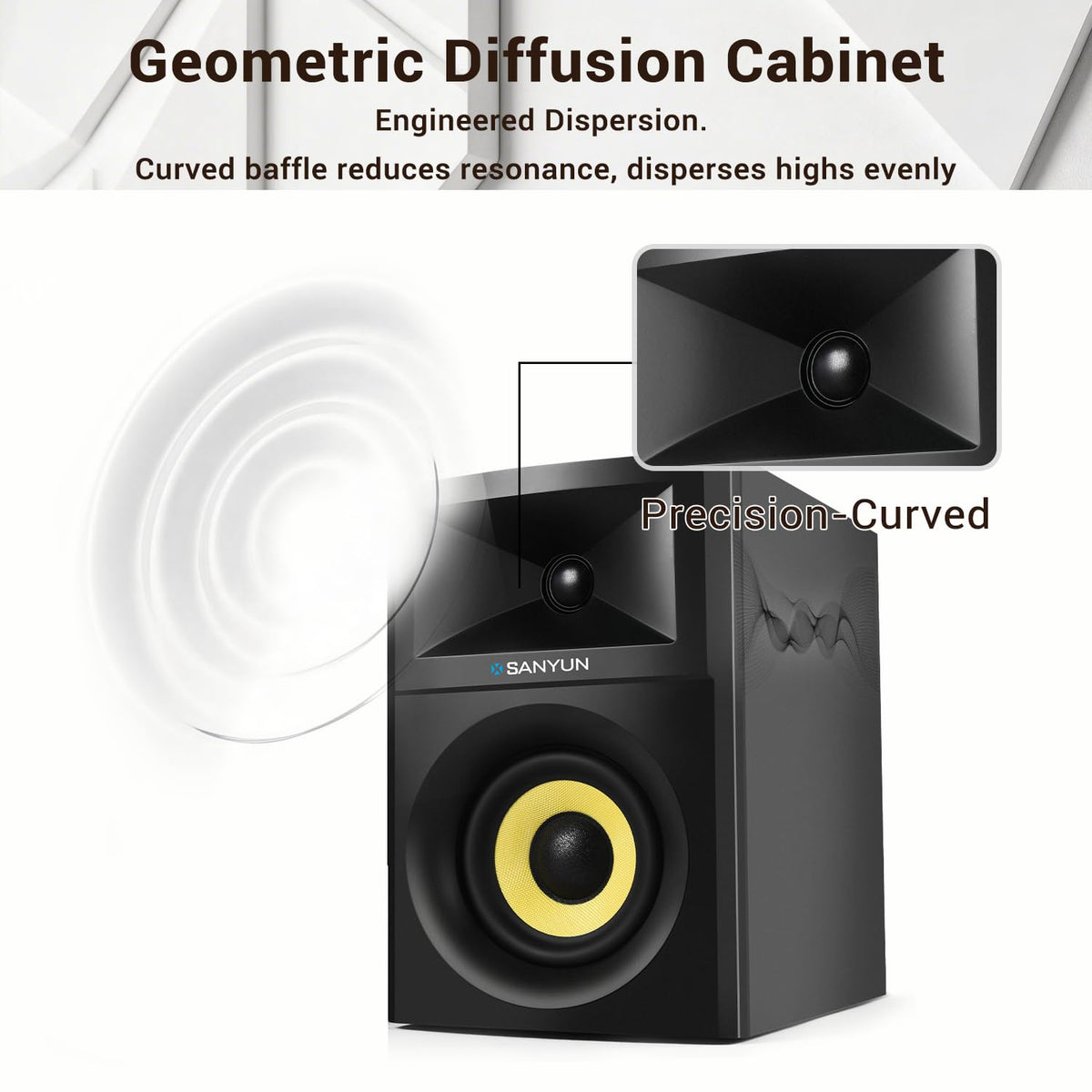 Sanyun SW205 side profile highlighting curved Geometric Diffusion Cabinet reduces resonance