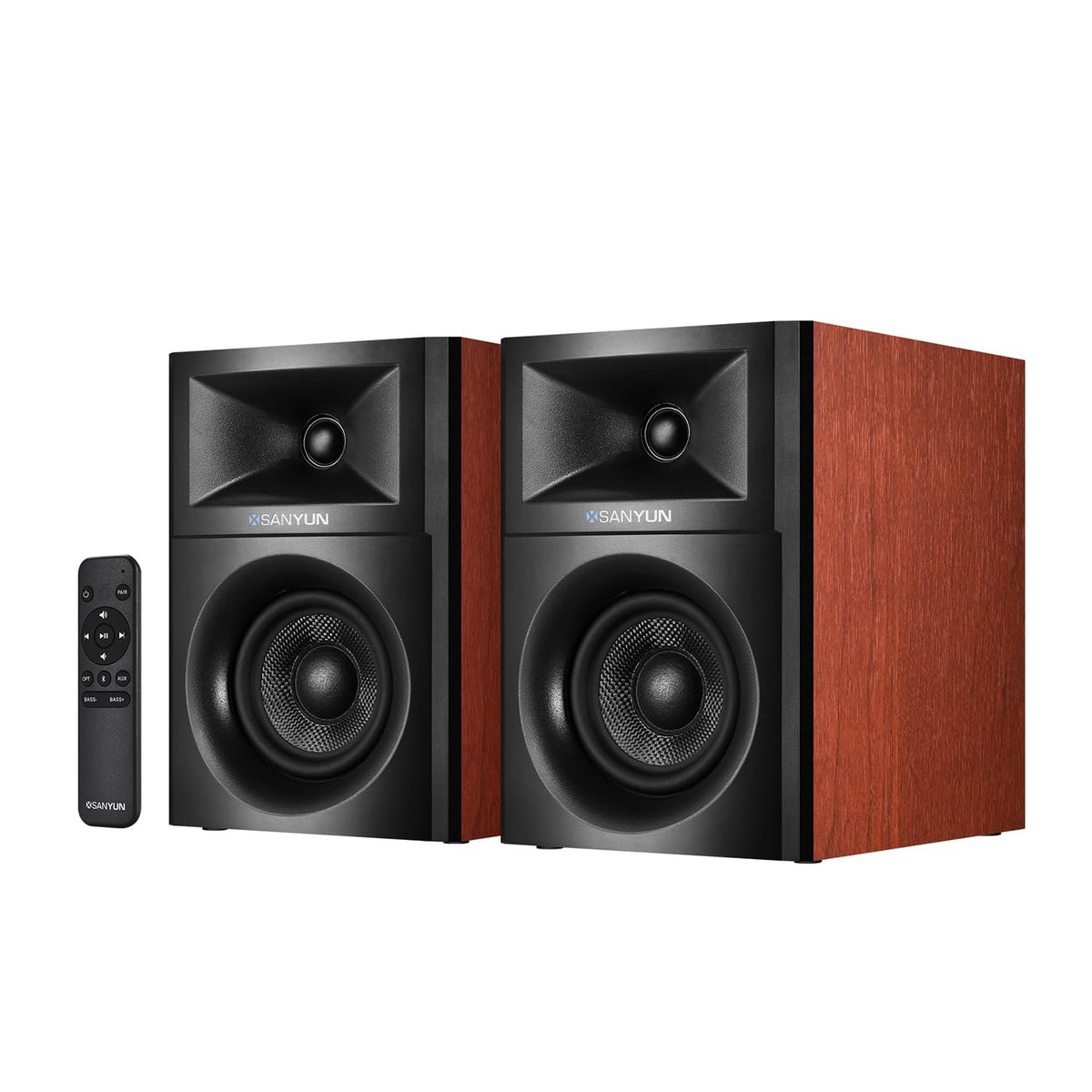 Sanyun SW205 woodgrain front view highlighting 3D soundstage and refined design