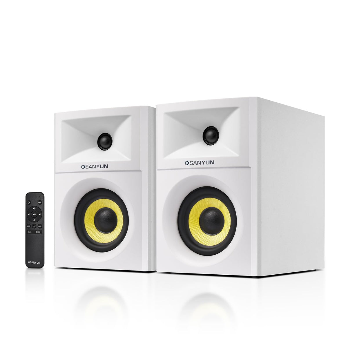 Sanyun SW205 4" glass fiber woofer close-up showing tight bass capability for home listening