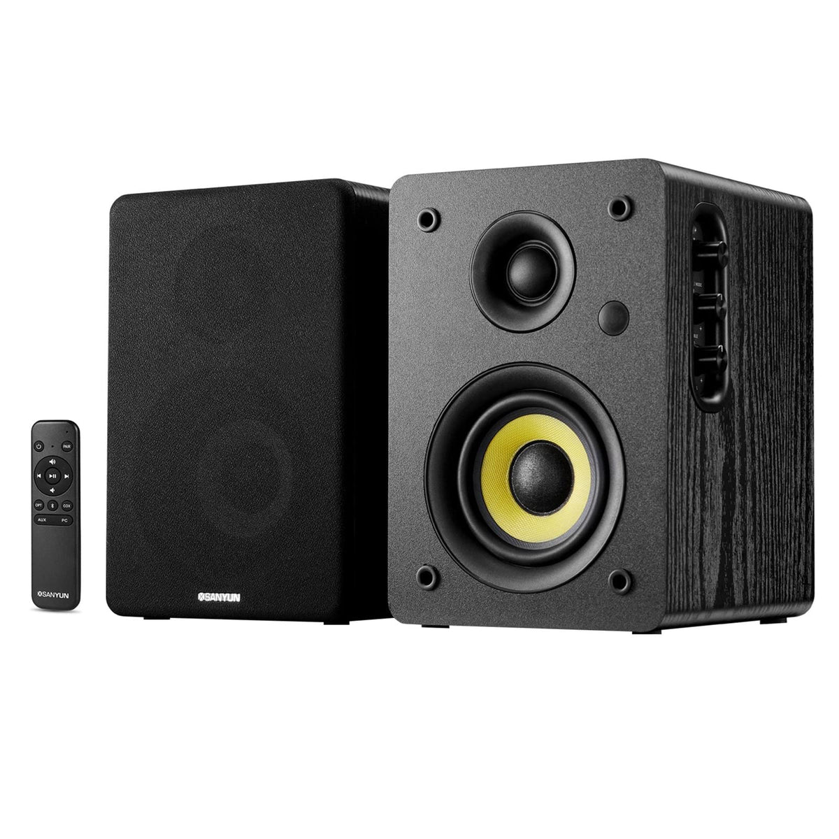 Sanyun SW206 front view showing dual-mode bookshelf speakers for studio and home listening