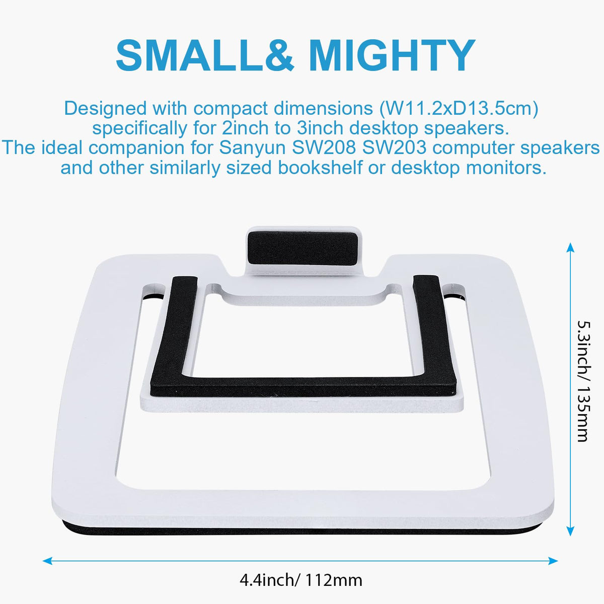 Sanyun SW601 damping-foam padding stabilizes speakers and reduces desk vibrations.
