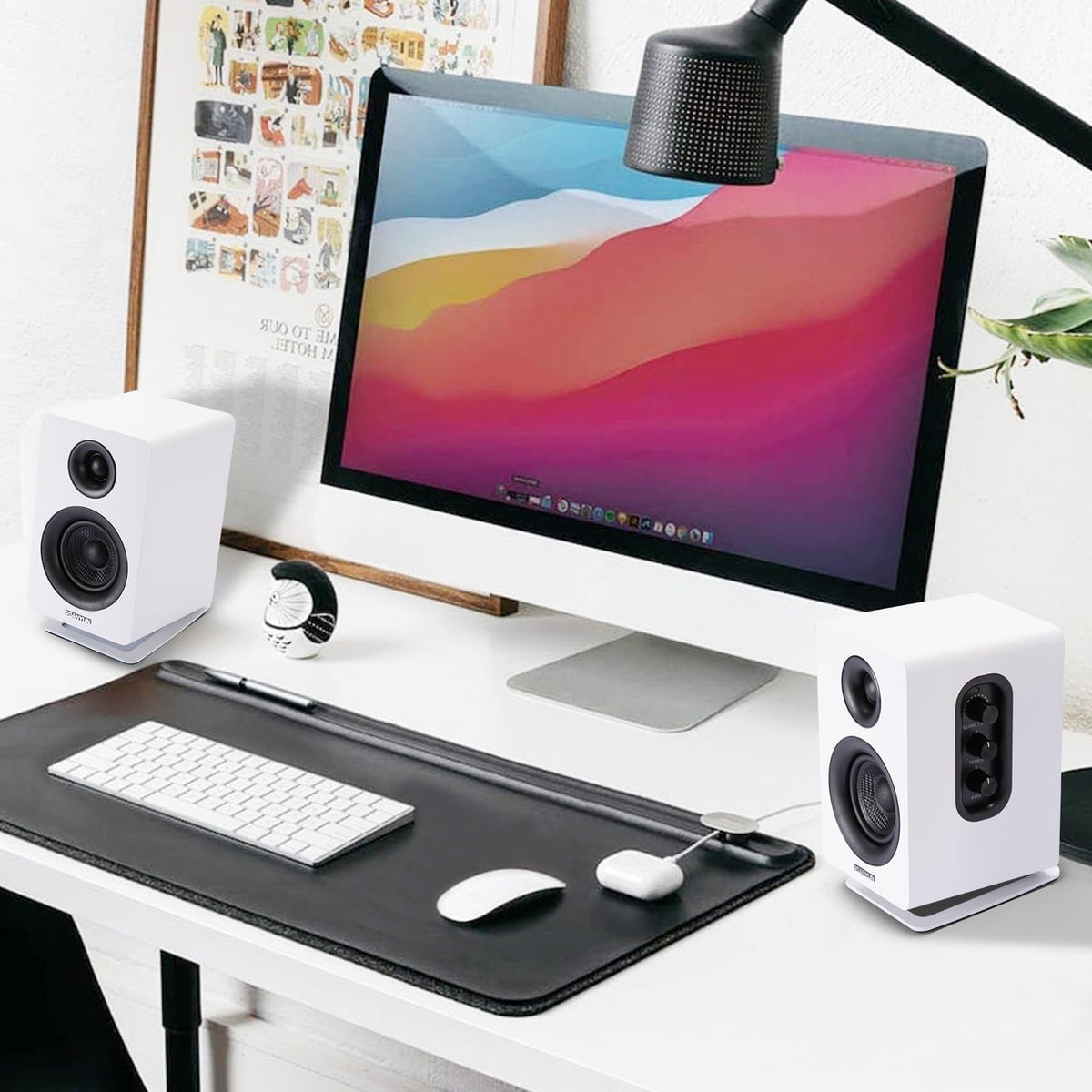 Sanyun SW601 white pair stands complement white desks and speakers.