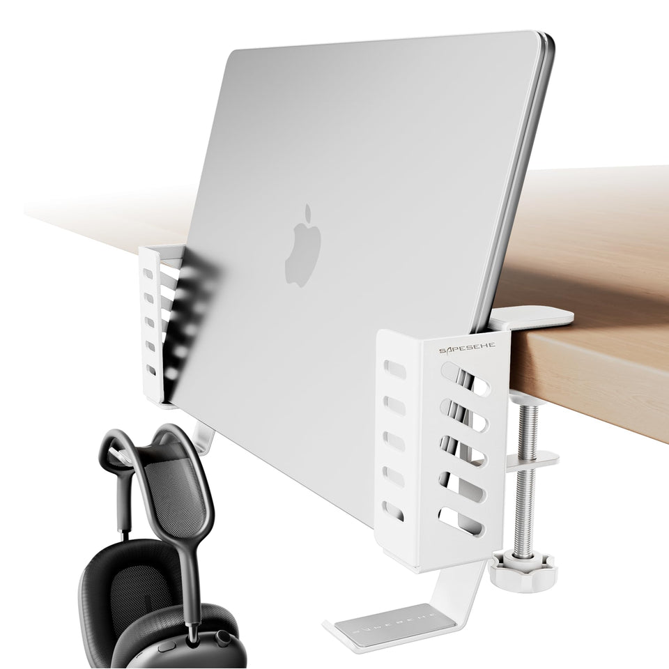 SAPESEHE desk-side laptop holder clamped to desk edge for easy access