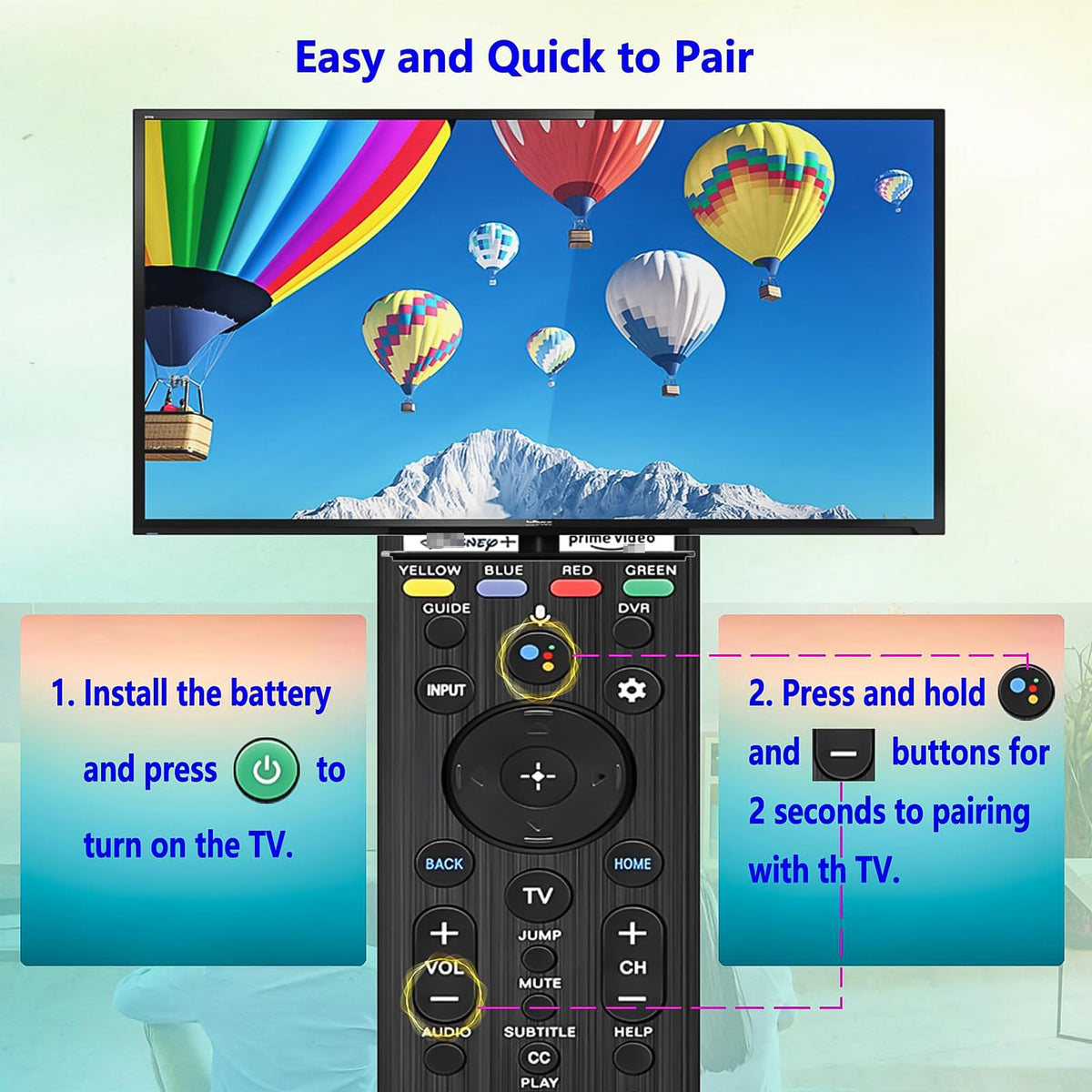 SAQVX remote shortcuts highlighting YouTube, Netflix, Prime Video, Disney+ keys