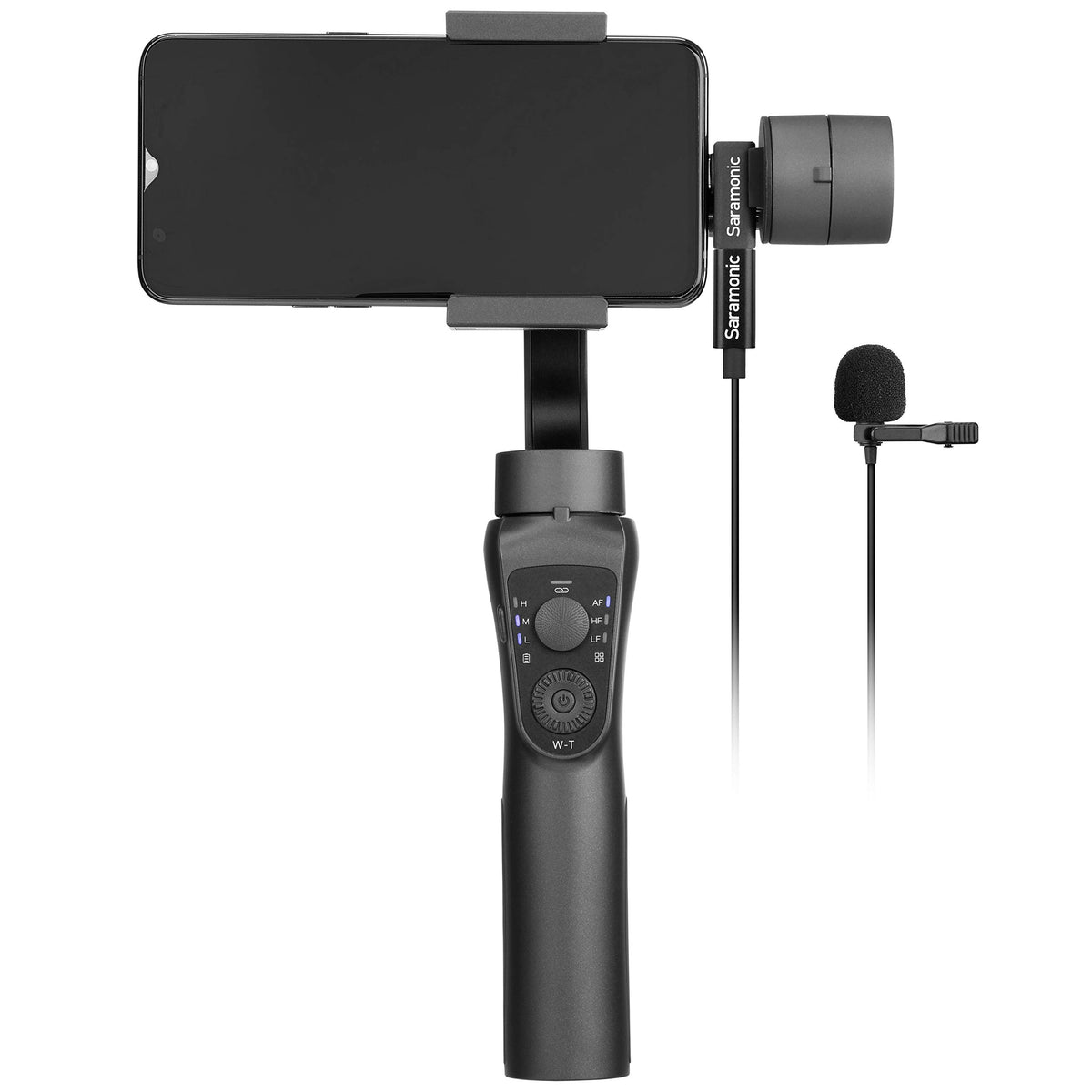 Saramonic LavMicro U3A clip-on microphone worn by subject for hands-free sound.