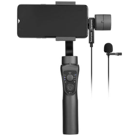 Saramonic LavMicro U3A clip-on microphone worn by subject for hands-free sound.