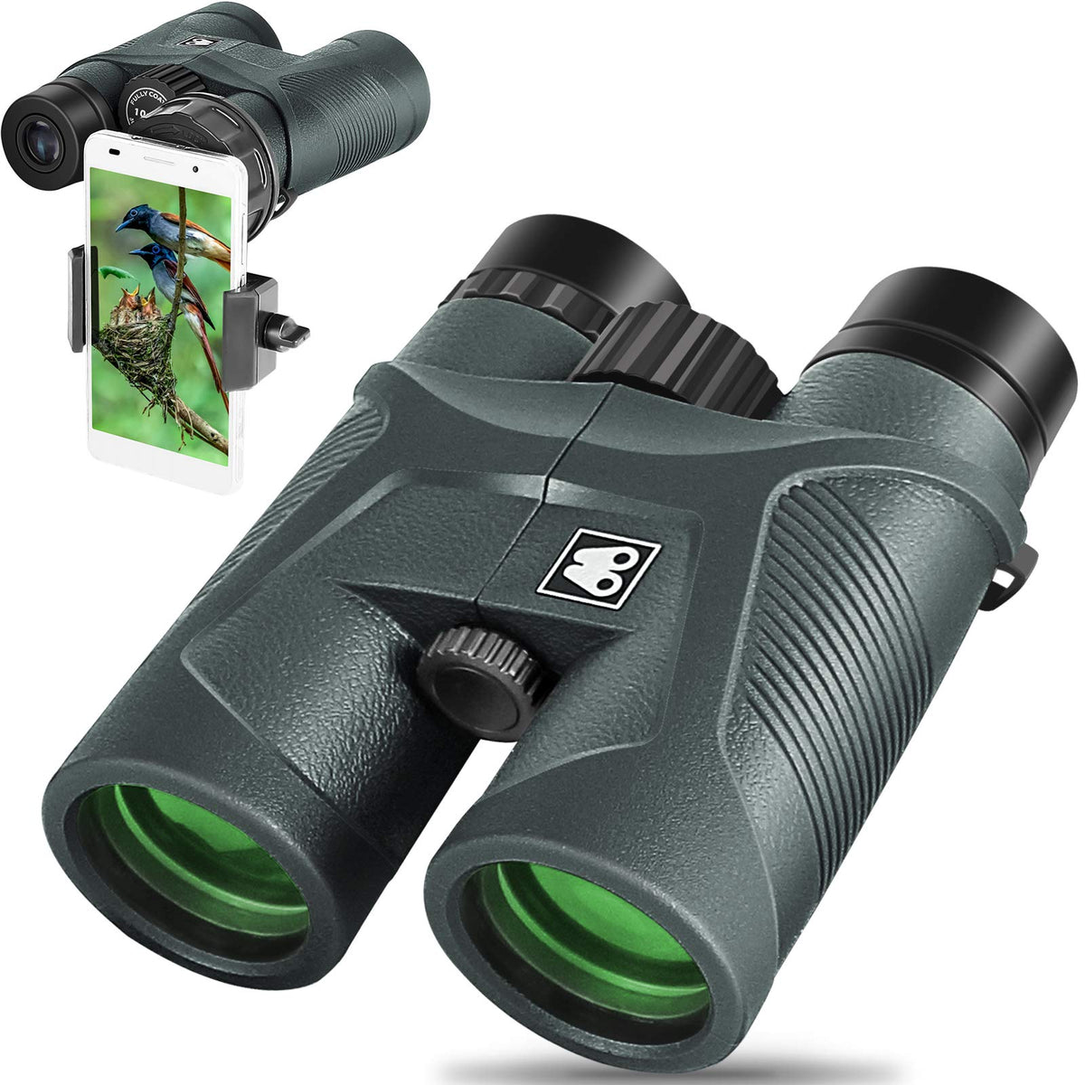 SARBLUE front view of binoculars showing compact design and clear optics benefit