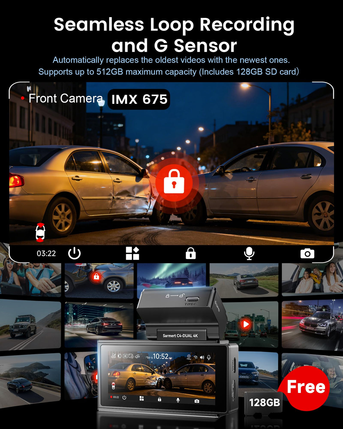 Sarmert C4 built-in GPS logs speed and location.