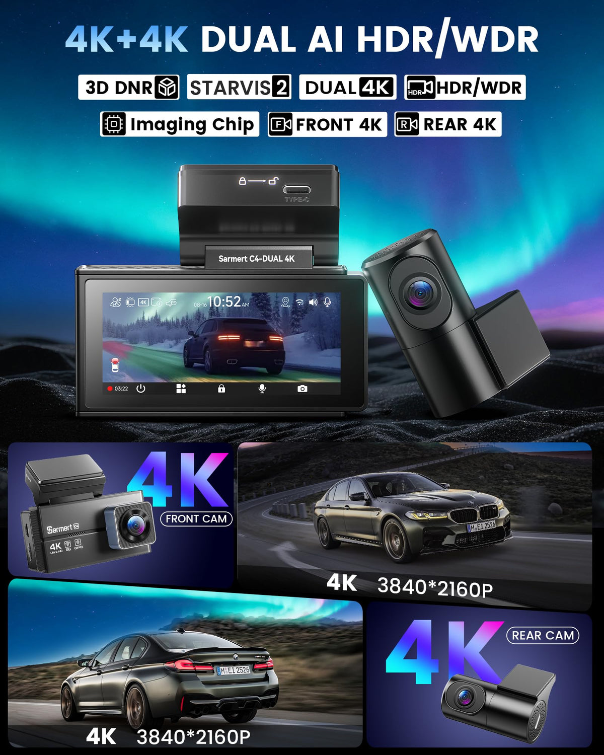 Sarmert C4 rear camera in 4K for comprehensive coverage.