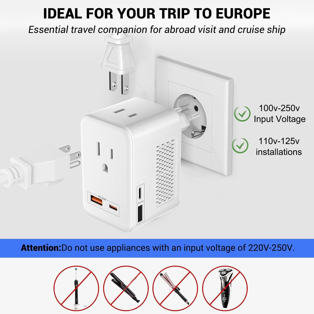 SARQW adapter with dual outlets and USB-C ports