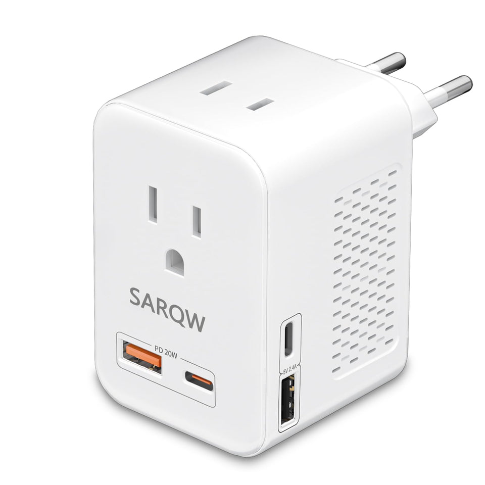 SARQW front view with European plug and dual AC outlets showing convenience