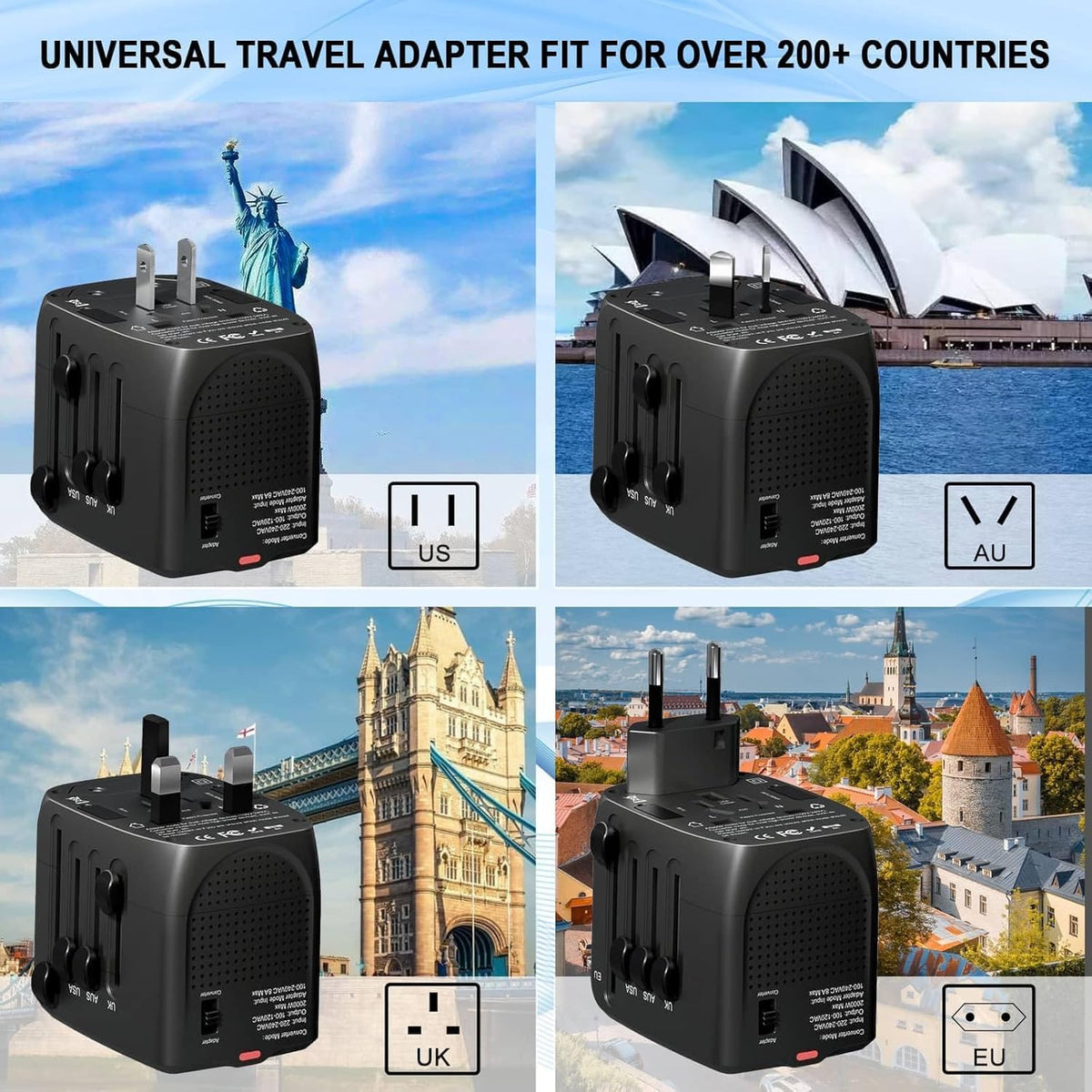 SARQW travel converter with multiple plug configurations for global use.