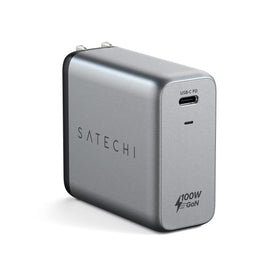 Satechi 100W GaN PD wall charger front view highlights fast laptop charging.