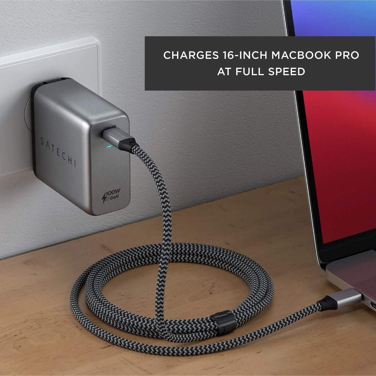 Satechi 100W GaN PD wall charger port closeup shows versatile USB-C ports.