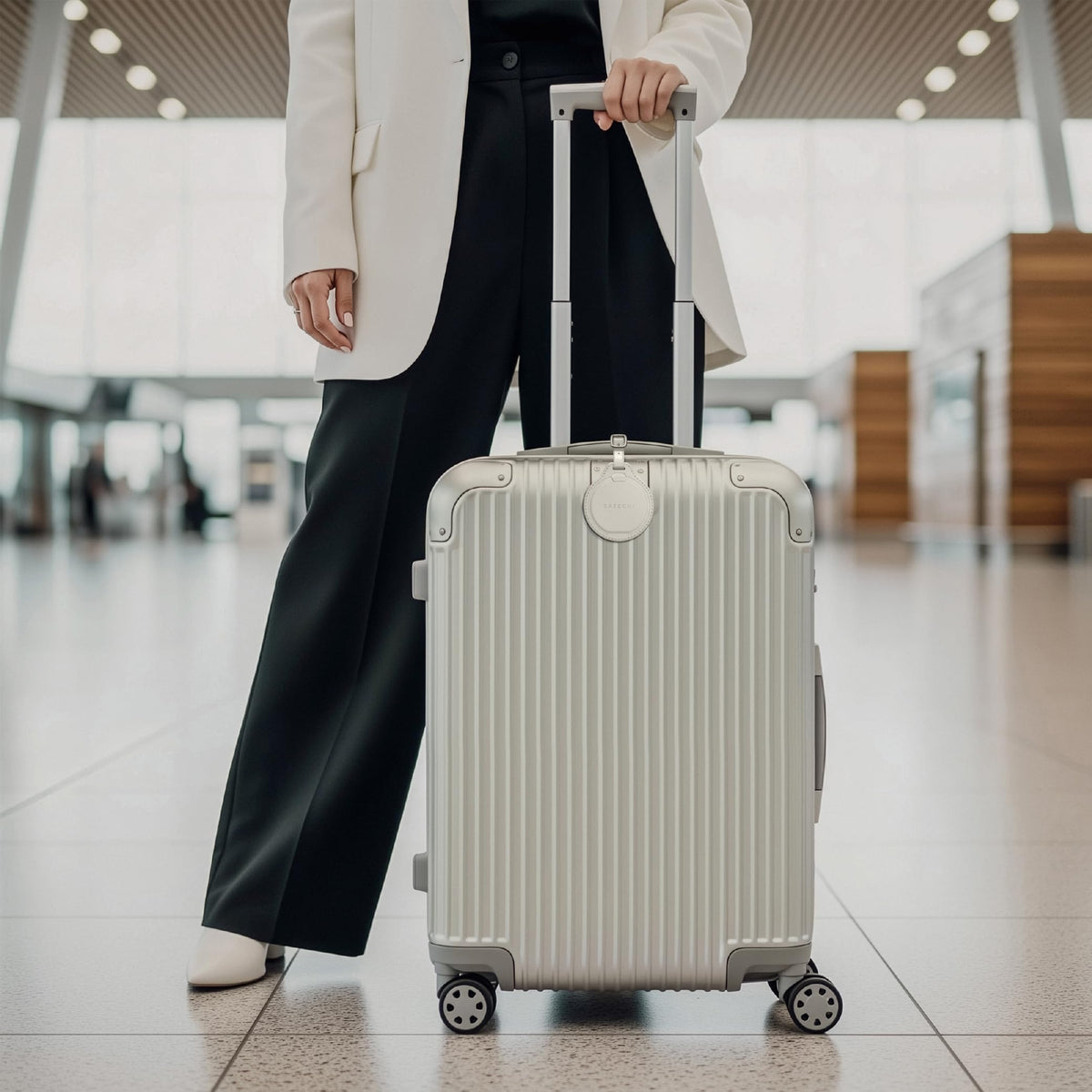 Satechi FindAll on luggage in busy airport illustrating location tracking in transit