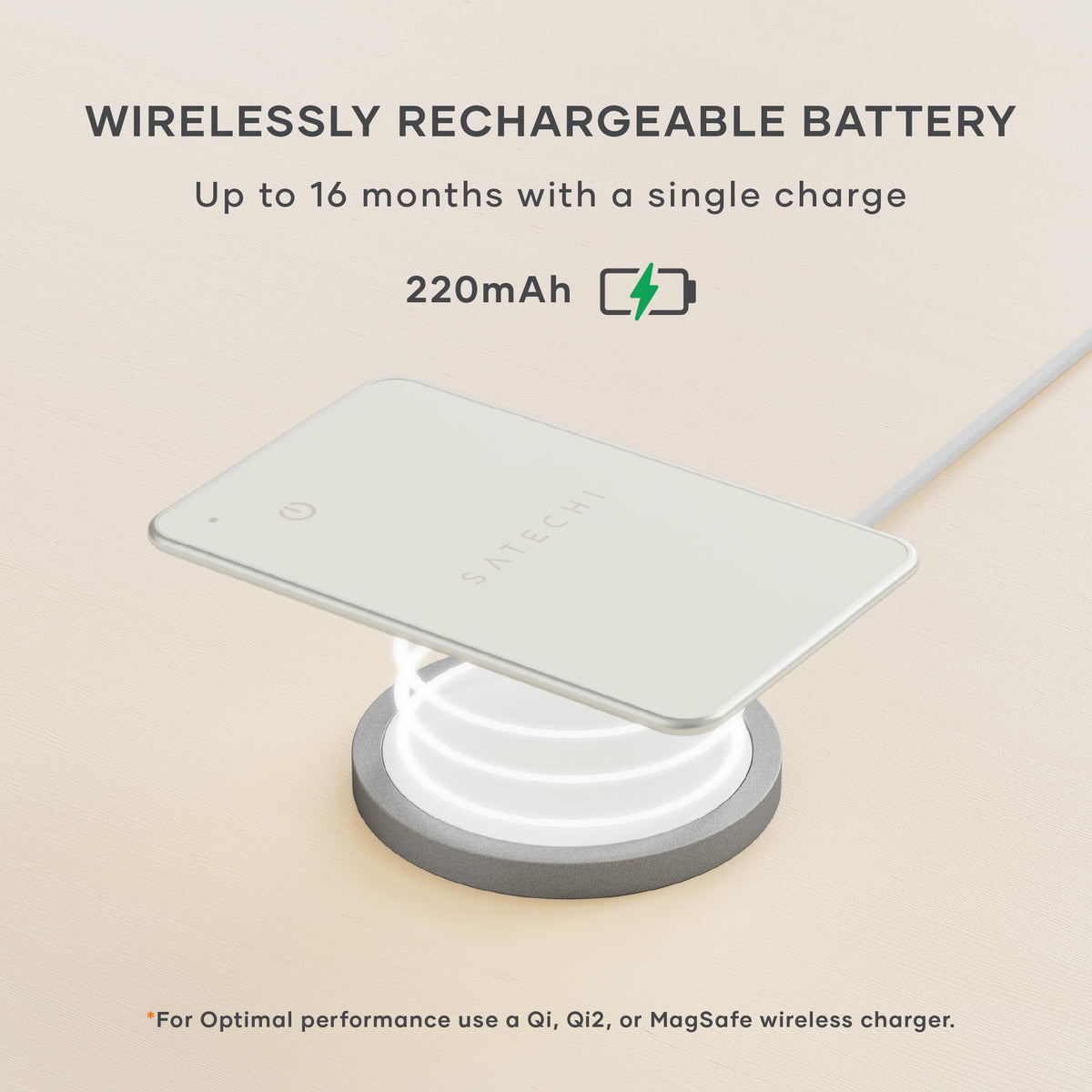 Satechi card placed on a MagSafe charger showing wireless charging ease