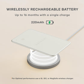 Satechi card placed on a MagSafe charger showing wireless charging ease