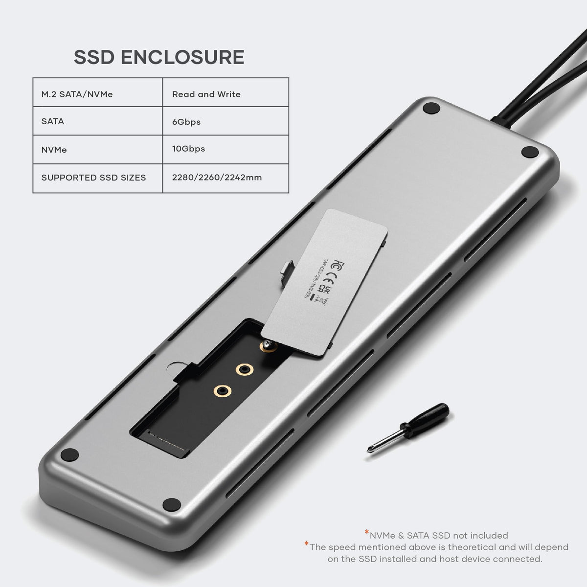 Satechi NVMe/SATA SSD enclosure supports fast transfers up to 10 Gbps.