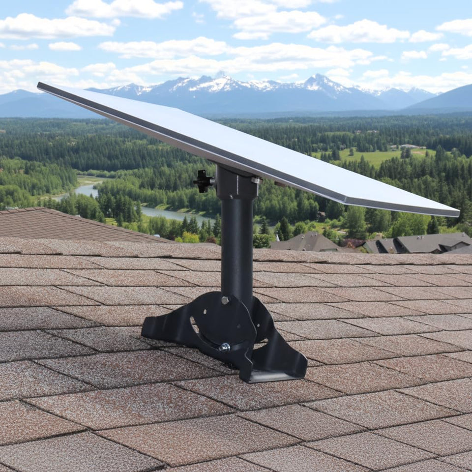 Satellite Oasis front view on roof showing stable mount and improved signal reliability