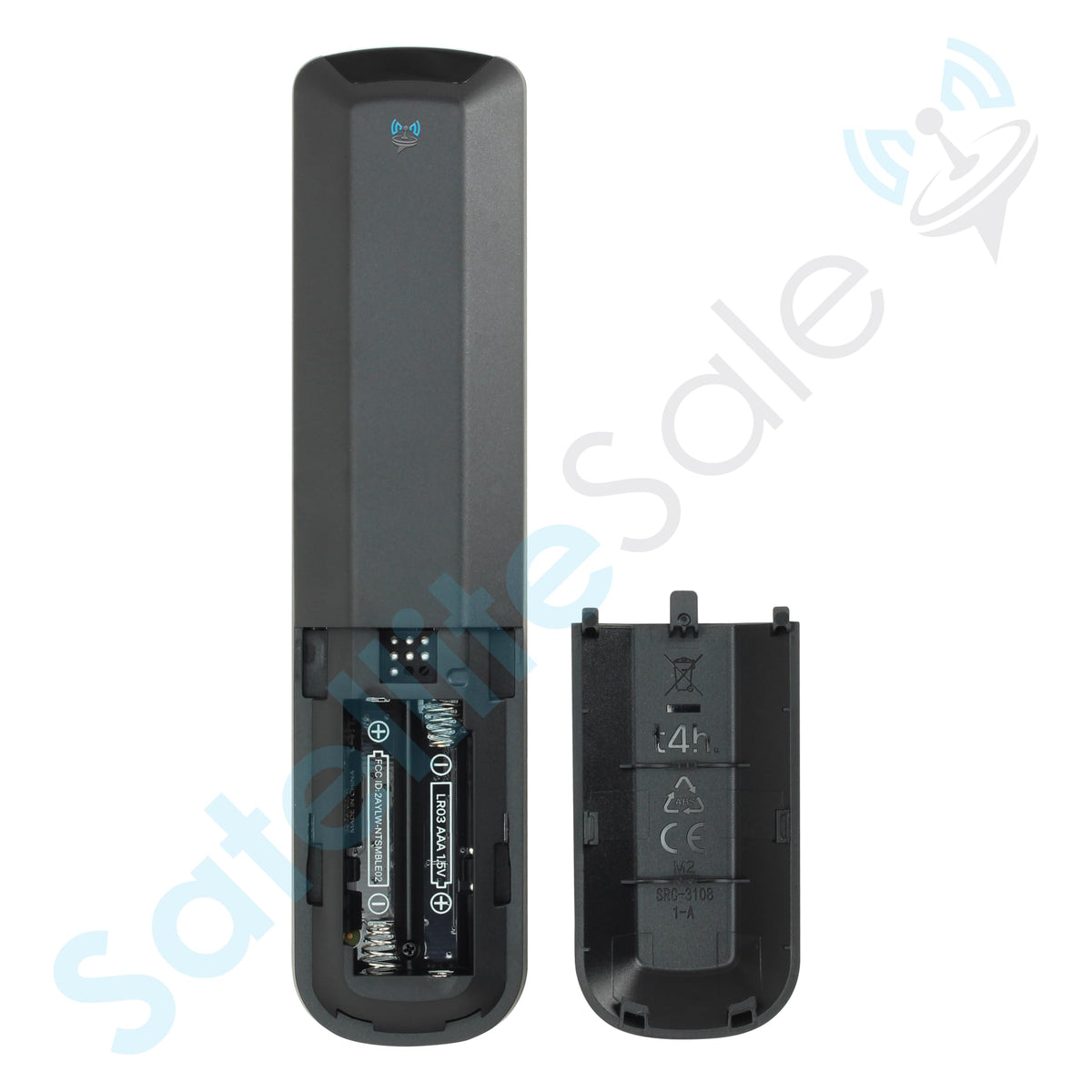 SatelliteSale remote with included batteries displayed ready-to-use out of box convenience