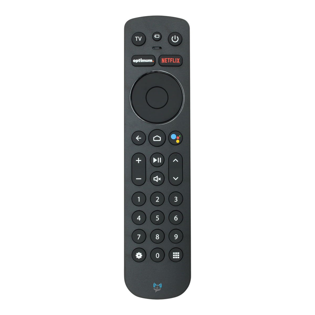 SatelliteSale matte black remote front view showing full button layout and clear labels