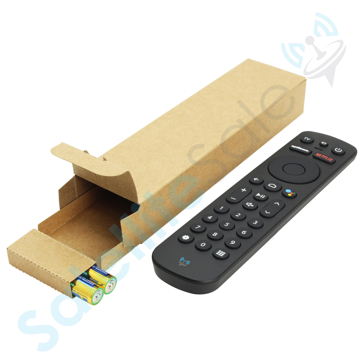 SatelliteSale remote on living room table near TV illustrating Bluetooth no-line-of-sight control