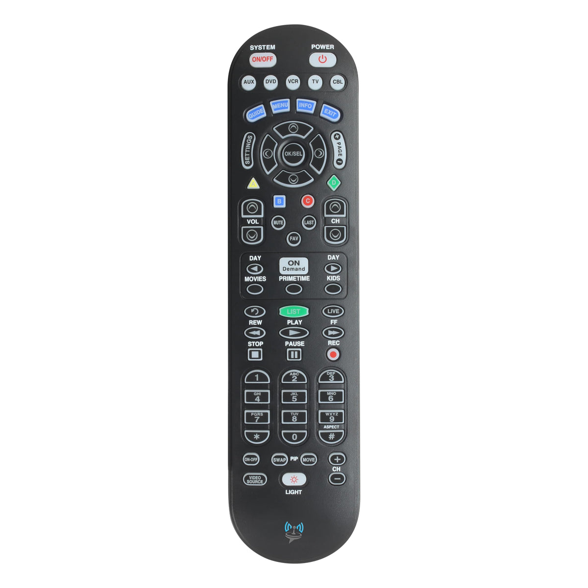 SatelliteSale UR5U-8780L remote front view in matte black, easy grip.
