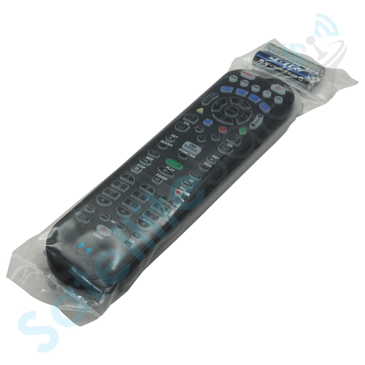 SatelliteSale UR5U-8780L remote in home setup with TV and audio devices.
