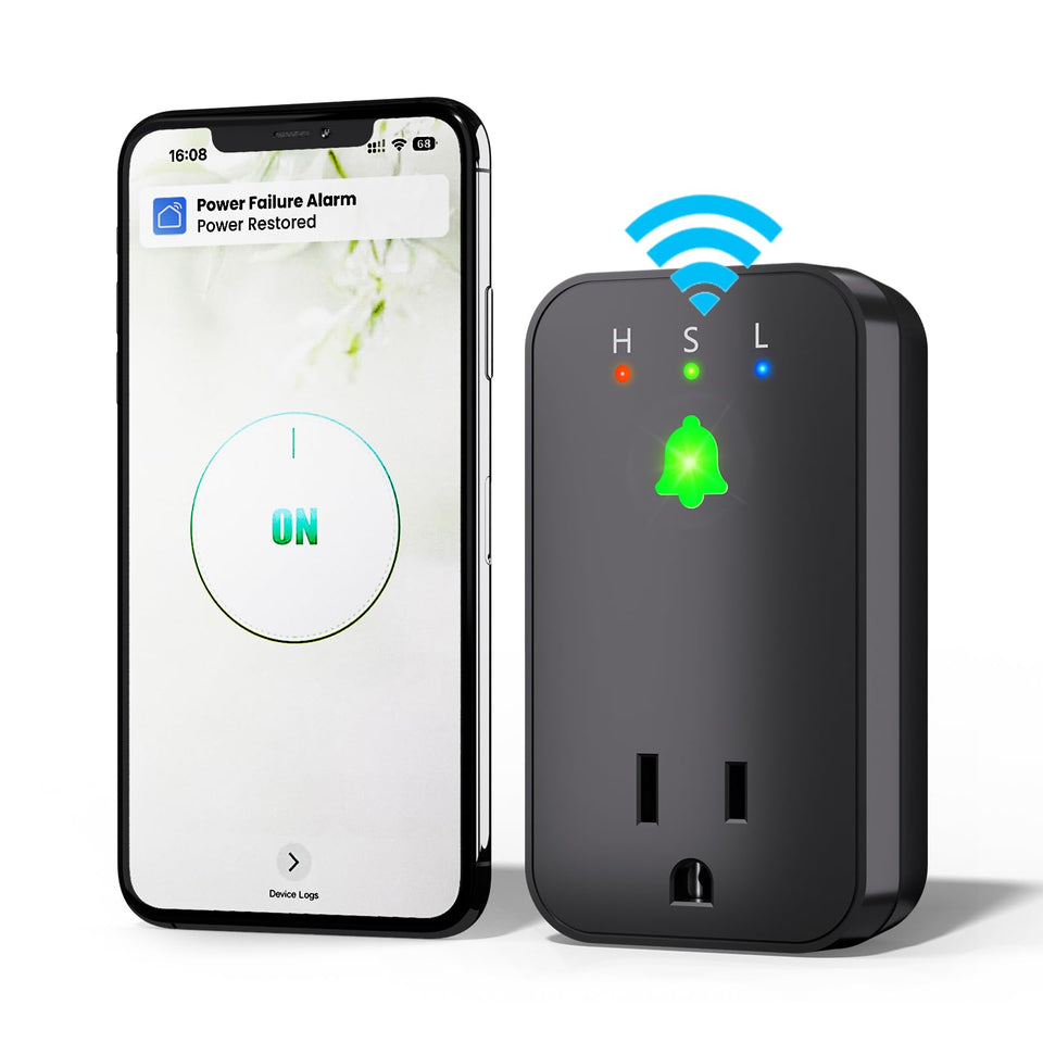 Satisure front view plugged into outlet showing compact design and space saving