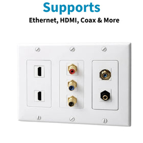 SATMAXIMUM 3-port plate supports Cat5/6 and HDMI for versatile installs.
