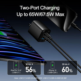 Dual-port setup delivering up to 65W/67.5W for fast dual charging